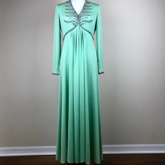 Lillie Rubin Vintage Green Crystal Embellished Gown Dress Knit Sustainable - Picture 2 of 8
